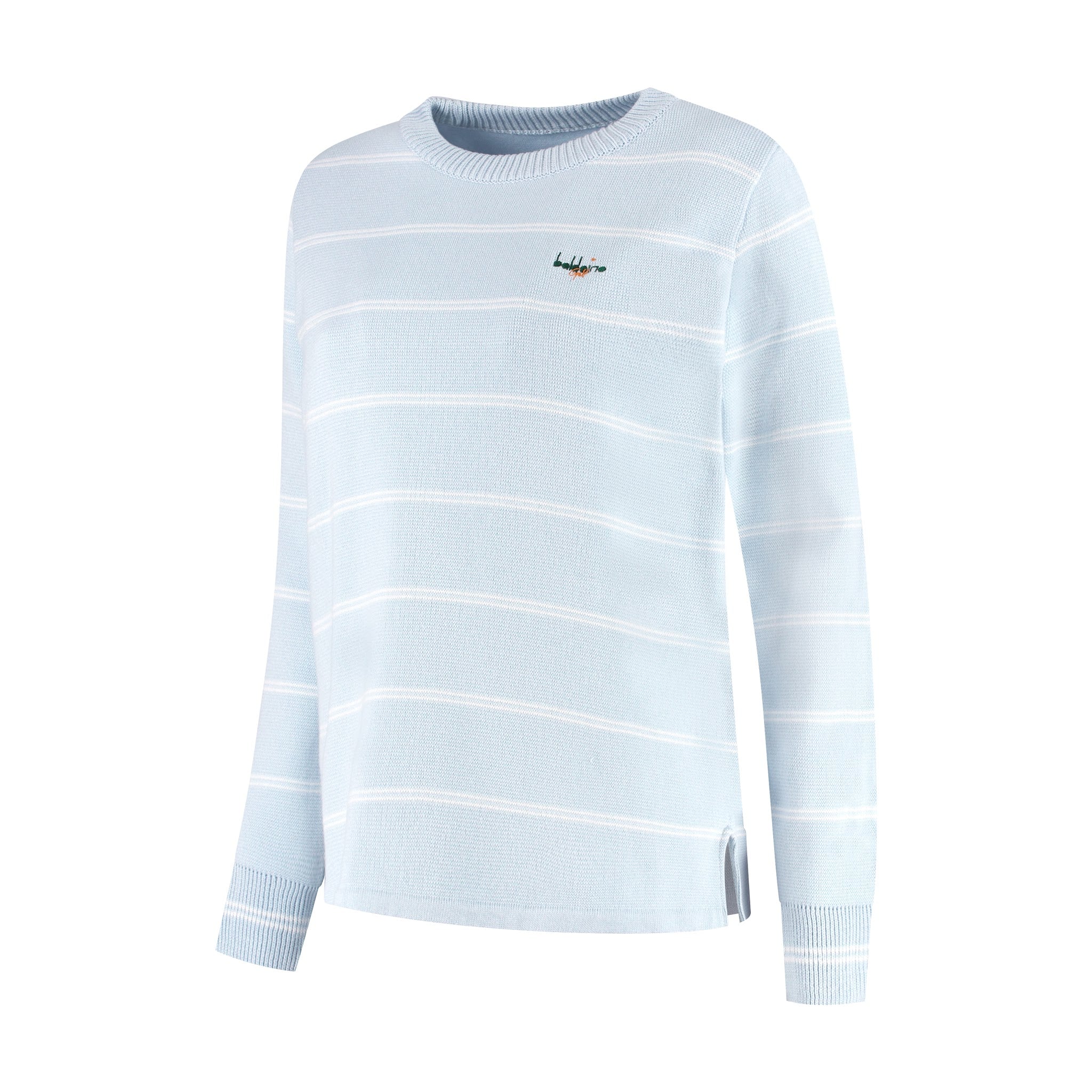 Baldoino dames golftrui breton lichtblauw/wit – zijaanzicht