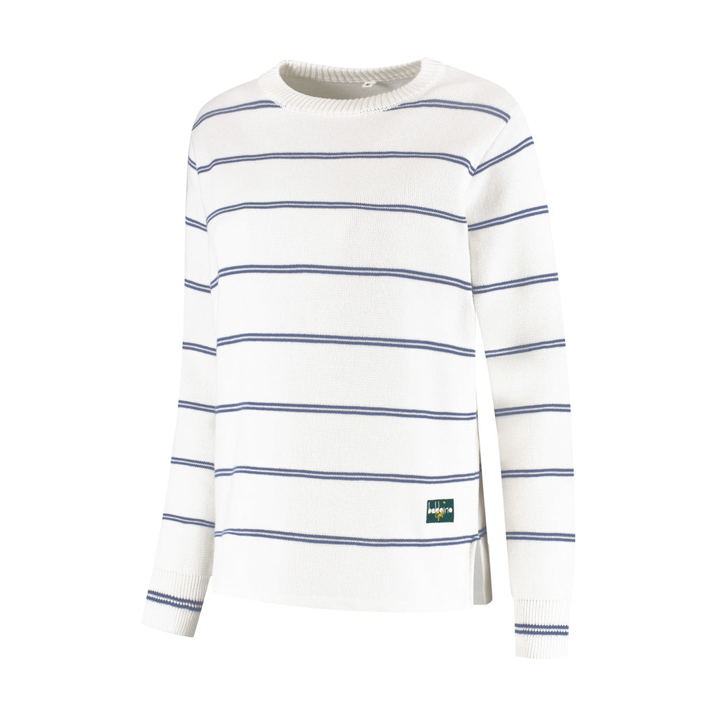 Baldoino dames golftrui breton wit/donkerblauw – zijaanzicht