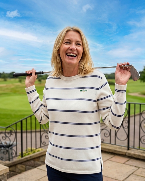 Baldoino dames golftrui breton wit/donkerblauw – sfeerbeeld