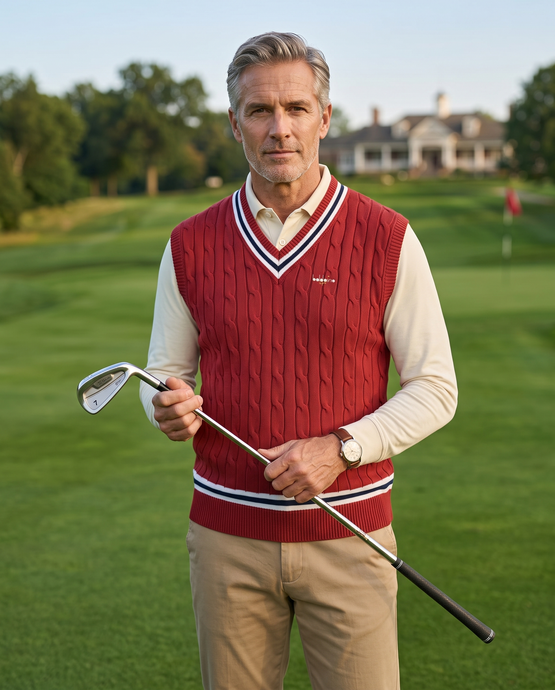 Baldoino heren golf spencer rood – sfeerbeeld op de golfbaan, gedragen over een shirt